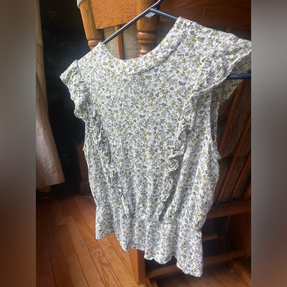 Ditsy Floral Ruffle Sleeveless Peplum Mock-Neck Tank Top Tie-Neck Back Juniors S